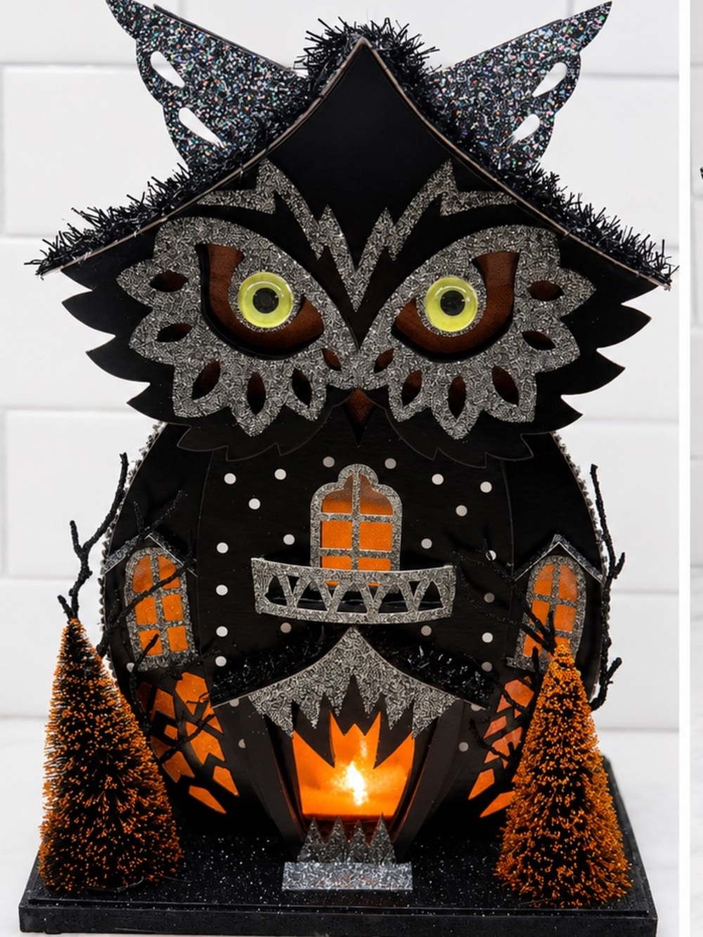 Bella Lux Putz Style Black Glitter LED Halloween Owl Shaped House NWT